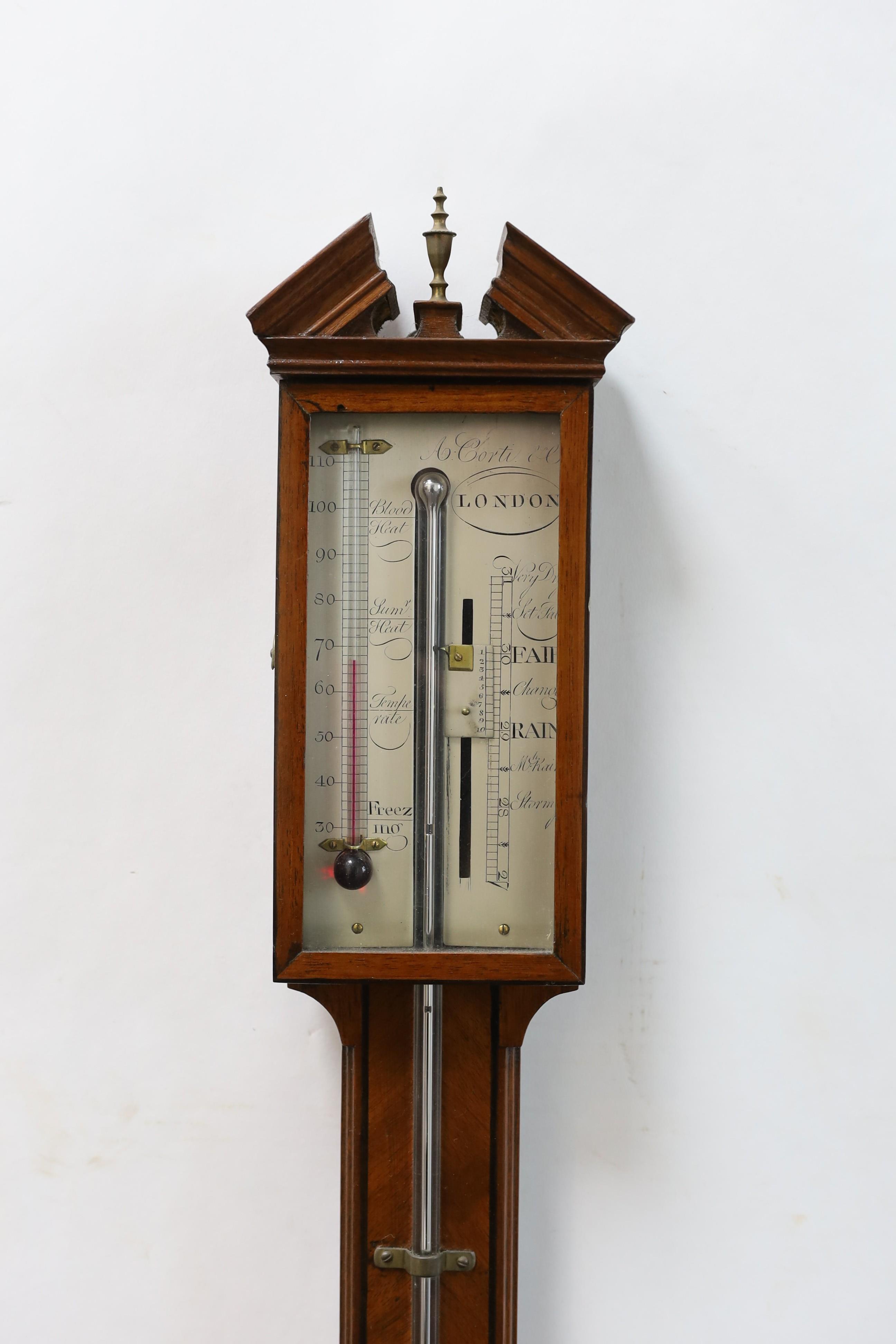 A George III mahogany stick barometer, with engraved sliding scale marked A. Corti & Co, London, height 98cm